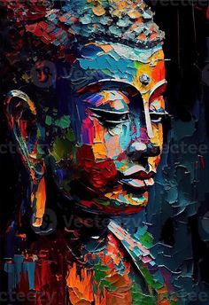 an abstract painting of a buddha head with colorful paint splatters on it's face