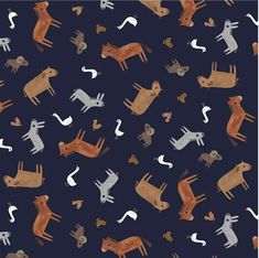 an animal pattern is shown on a dark blue background with brown, white and black animals