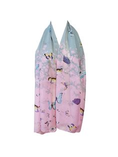 two pink and blue scarfs with butterflies on them, one is folded up to the side