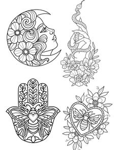 four hand drawn designs with flowers and leaves in the middle, one on top of the other