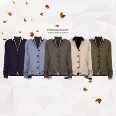 the cardigan and shirt are lined up against each other with leaves falling from them