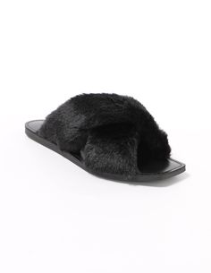 sole on the black soda fuzzy business slide - elle bleu shoes Casual Slippers With Faux Fur Lining For Fall, Casual Slippers With Faux Fur Lining For Spring, Trendy Cushioned Slippers, Trendy Soft Slippers For Spring, Casual Slippers With Faux Fur Lining, Trendy Winter Slippers With Faux Fur Lining, Super Soft Casual Slippers For Spring, Casual Spring Slippers For Loungewear, Casual Super Soft Slippers For Spring