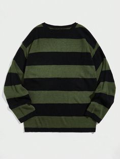 Army Green Casual Collar Long Sleeve Knitwear Striped Pullovers Embellished Slight Stretch  Men Clothing Winter Essentials For Men, Mens Stripes, Casual Stripes, Mens Fall, Color Block Sweater, Retro Chic, Retro Stil, Fall Sweaters, Womens Clothing Sizes