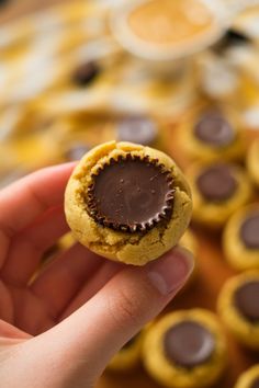 a hand holding a peanut butter cookie in front of other chocolates on a table