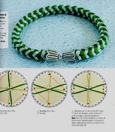 the instructions for making a bracelet with green and white stripes on it, including an arrow