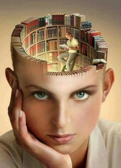 a woman with a book on her head