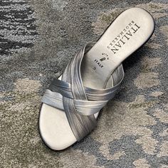 Made In Italy Multicolor Silvers And Greys Wedge Is 2.5 Inch High Style Saylor Pewter Casual Silver Wedge Sandals For Summer, Elegant Silver High Heel Wedge Sandals, Casual Silver High Heel Sandals, Gray Open Toe Summer Heels, Gray Open Toe Heels For Summer, Silver Slip-on Wedge Sandals, Silver Wedge Sandals For Summer, Silver Synthetic Wedge Sandals For Summer, Silver Synthetic Wedge Sandals