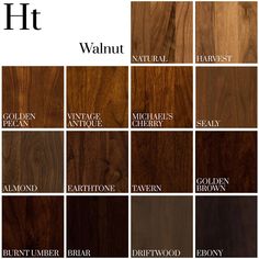 the different types of wood that are available in each color and size, including walnut