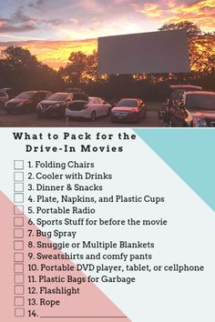 a parking lot with cars parked in it and the words what to pack for the drive - in movies