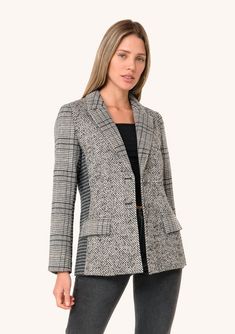 [Color: Cream/Black] A front facing image of a blonde model wearing a classic blazer in a grey patchwork plaid. With a button front Patchwork Blazer, Affordable Boho, Fall Blazer, Casual Bodysuit, Overalls Pants, Blazer Designs, Classic Blazer, Notch Collar, Plaid Blazer