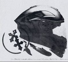 a black and white drawing of a motorcycle helmet on top of a piece of paper