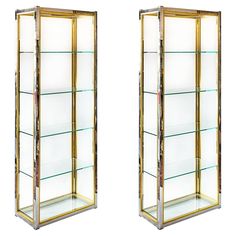 two tall glass shelves with gold trimmings on the sides and bottom, one is empty