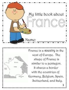 a book about france with pictures of the country and its name on it, including an image of a boy holding a paintbrush