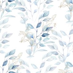 a watercolor painting of blue leaves and branches on a white background with gold accents