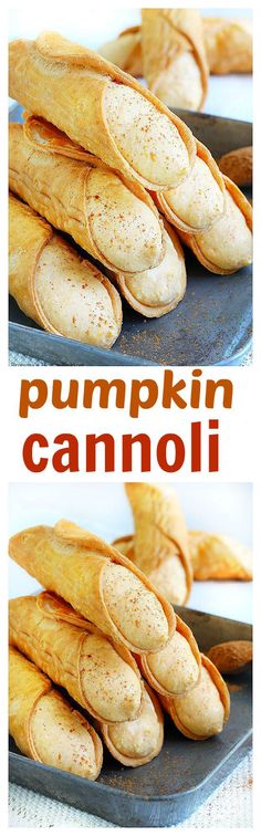 pumpkin cannoli is stacked on top of each other