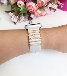 Trendy Gold Beaded Watch Bands, White Beaded Apple Watch Band As Gift, Charm Apple Watch Band, Luxury Gold Bracelet Strap Apple Watch Band, Gold Watch Band, Mystic Beaded Apple Watch Band, Band Accessories, Dainty Gold Bracelet, Beautiful Anklet