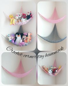 four different pictures of stuffed animals in a hammock hanging on the wall with caption