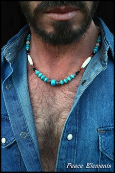 Turquoise Beaded necklace / native indian design / Bohemian necklace for men / gift for him / one of a kind jewelry / ethnic jewelry Men Masculine, Masculine Jewelry, Earthy Necklace, Surf Necklace, Mens Leather Necklace, Male Jewelry, Mens Beaded Necklaces, Mens Jewellery, Silver Turquoise Jewelry