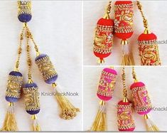 four pictures of different types of tassels with beads and chains hanging from them