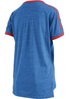 Let everyone know who you root for in this Kansas Jayhawks Blue Melange Novak Ringer Short Sleeve T-Shirt! This KU Jayhawks Short Sleeve Tee features a team name and mascot applique. Blue Short Sleeve T-shirt With Contrast Stripes, Blue Short Sleeve T-shirt With Three Stripes, Blue Cotton Top With Striped Sleeves, Ku Jayhawks, Kansas Jayhawks, Team Name, Team Names, Crew Neck Tee, A Team