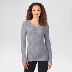 Warm Essentials by Cuddl Duds Women's Textured Fleece Thermal V-Neck Top - Winter Heather Grey Fitted Tops, Fitted Heather Grey Winter Tops, Heather Grey Cozy Fit Top For Fall, Cozy Fit Heather Grey Top For Fall, Heather Grey Winter Loungewear Top, Winter Heather Grey Tops For Loungewear, Heather Grey Loungewear Tops For Winter, Snug Long Sleeve Tops For Fall, Heather Grey Tops For Winter Loungewear