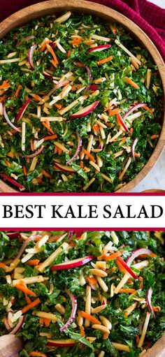 kale salad with shredded carrots and radishes in a wooden bowl