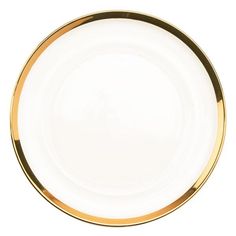 an empty white plate with gold trim