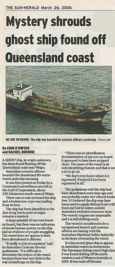 a newspaper article with an image of a ship in the water and text that reads mystery shrouds ghost ship found off queensland coast