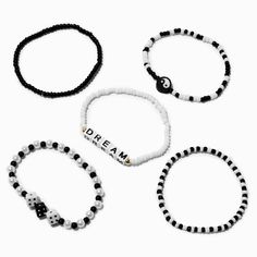 Claire's Black & White "Dream" Seed Bead Stretch Bracelets - 5 Pack Bracelet Ideas Black And White, Casual Black Friendship Bracelets With Round Beads, Casual Black Friendship Bracelet With Black Beads, Casual Black Round Beads Friendship Bracelets, Casual Black Round Beads Friendship Bracelet, Casual Black Beaded Friendship Bracelets, Trendy Black Beaded Bracelets With Letter Beads, Casual Black Stretch Bracelet With Letter Beads, Trendy Black Friendship Bracelets With Round Beads