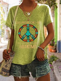 Product Name: Old Hippie Don't Die Printed T-Shirt Item NO.: WTS94611 Weight: 0.2 kg = 0.4409 lb = 7.0548 oz Category: Clothing> Women> T-Shirts Tag: New In, 0127 Cotton, New In Clothing, Peace, Home Page, PeaceLove Creation Time: 2023-04-05 Description Material: Polyester Pattern Type: Pattern/Print Sleeve Type: Short Sleeve Style: Vacation Neckline: Round neck Theme: Summer Occasion: Daily *The item does not include any accessories in the picture, unless stated otherwise in the product descrip Peace Home, Cheap Clothing, Women T Shirts, Printed Sleeves, Cheap Clothes, Clothing Women, Shirt Outfit, Home Page, Sleeve Styles