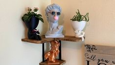 a shelf that has some vases and plants on top of it, along with a busturine