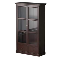 a tall wooden cabinet with glass doors on the front and bottom shelves in dark brown