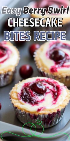 easy berry swirl cheesecake bites recipe on a baking sheet with cherries in the background