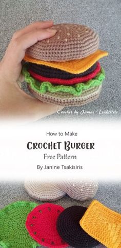 crochet burger pattern with text overlay reading how to make crochet burger