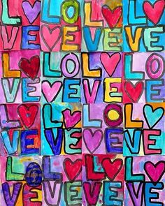 the words love are painted in many different colors and shapes, with hearts on each side