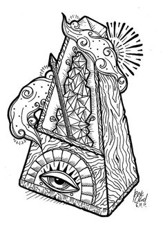 a black and white drawing of a pyramid with an eye on it's side