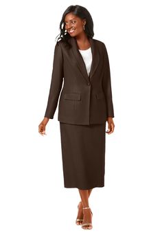 The crepe texture of this skirt suit gives it a sophisticated yet chic look. Shawl collar with single-button closure. Princess seams and waist darts. Fully lined. Flat-front skirt with contour waistband with back elastic. Back button-and-zip closure, back walking vent. Textured crepe. Average: 30" jacket; 32" skirtSolids are Poly/spandex Crepe. Prints are Poly CrepeMachine wash; imported Style & Fit Tips: This signature single-breasted skirt suit has a classic silhouette and an impeccable fit th Skirt Suit Set, Plus Size Two Piece, Stretch Crepe, Ladies Of London, Swimsuits For All, Single Breasted Jacket, Princess Seam, Skirt Suit, Dress Suits