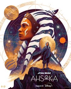 the poster for star wars ahsoka is shown in front of an orange and blue background