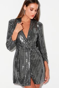 Cool Black Blazer Dress - Sequin Blazer Dress - Silver Dress Silver Tuxedo, Sequin Blazer Dress, Black Blazer Dress, Silver Blazer, Perfect Leggings, Suit Jackets For Women, Sequin Blazer, Tuxedo Dress, Silver Dress