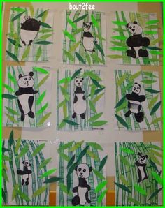 pandas and bamboo leaves are on the wall in this classroom art project for kids