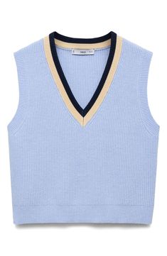 Channel vintage sporty style in this layer-ready sweater-vest highlighted with contrast colors at the V-neckline. V-neck 50% viscose, 28% polyester, 22% polyamide Hand wash, line dry Imported Blue V-neck Tank Top For Fall, Blue Color Block V-neck Top, Blue V-neck Tank Top For Work, V-neck Color Block Top For Layering, Sporty Style, V Neck Sweater, Sweater Vest, Vneck Sweater, Contrasting Colors