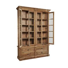 a wooden bookcase with glass doors and drawers