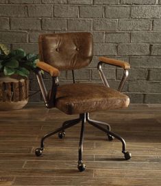 Leatherette Button Tufted Office Chair with 5 Star Caster Base, Brown - BM163666 Tufted Office Chair, Vintage Office Chair, Vintage Whiskey, Office Chair Design, Swivel Office Chair, Conference Chairs, Executive Office Chairs, Leather Office Chair, Acme Furniture