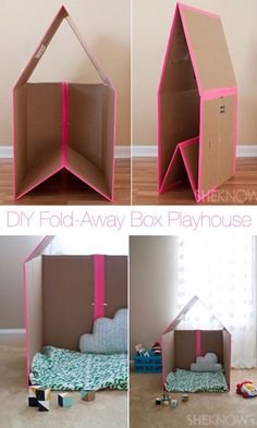 four different views of the inside of a cardboard doll house with pink tape on it