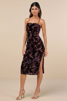 Dark Plum Burnout Velvet Dress - Lace-Up Midi Dress - Midi Dress - Lulus Country Wedding Guest Dress, Burnout Velvet Dress, Homecoming Outfits, Midi Dress Formal, Column Skirt, Burnout Velvet, Purple Midi Dress, Lulu Fashion, Adhesive Bra