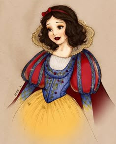 a drawing of snow white wearing a red and blue dress with yellow undershirt