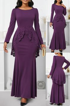 Enchant the night with Rosewe's Dark Reddish Purple Maxi Mermaid Bodycon Dress 💜. This elegant creation features a graceful mermaid silhouette, exquisite lace patchwork, and a convenient zipper. The boat neck and puff sleeves add a regal touch to your evening ensemble. Crafted from a blend of 95% polyester and 5% spandex for a luxurious feel. #Rosewe #MermaidDress #ElegantEvening #LaceDetail #PuffSleeves #BoatNeck #DarkReddishPurple #MaxiBodycon #Fashionista #StylePerfection 🌙👗 Purple Maxi, Long Sleeve Maxi, Mermaid Dress, Lace Detail