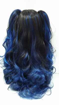 Long 30 inch Sapphire Blue Black Lolita Style Fashion Wig. | Etsy Wolf Cut With Blue Highlights, Blue Hair Highlights, Wolf Cut, Hair Stylies