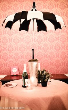 there are two pictures one has an umbrella and the other has wine bottles on it