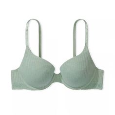 Vs Best-Selling T-Shirt Bra Is Now Crafted In A Soft Pointelle Knit With Delicate Texture. The Full-Coverage Fit Has Plush, Push-Up Padding That Enhances Your Natural Cleavage. - New With Tags Comes In Original Packaging And Is Flawless! - Color: Cotton Pointelle Seasalt Green - Lift & Lining - Push-Up Padding - Made With A 100% Recycled Pad Liner - Full Coverage - Underwire - Straps & Hooks - Adjustable Straps Convert To Crossback - Back Hook-And-Eye Closures - Details & Fabric - Ribbed Fabric - Partially Made From Recycled Materials - Hand Wash Green Bra, Green Bras, Satin Bra, Coverage Bras, Corset Bra, Push Up Pads, Victoria Secrets, Demi Bra, Denim Coat Jacket